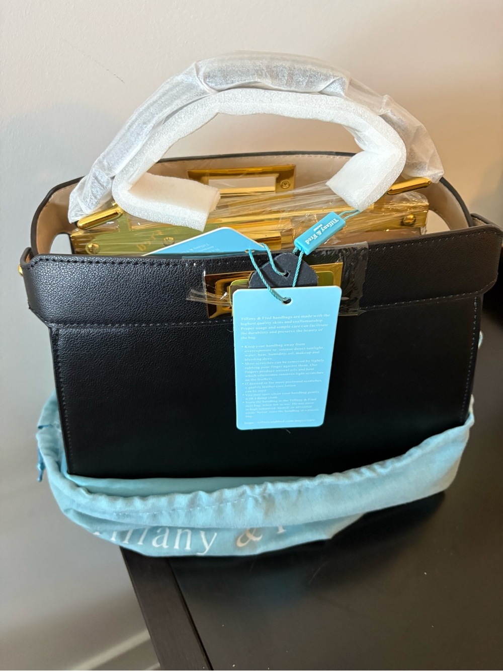 Tiffany & Fred Black Leather Satchel with Gold Hardware and Blue Tag